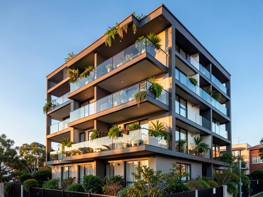 Modern Australian apartment building with planted balconies